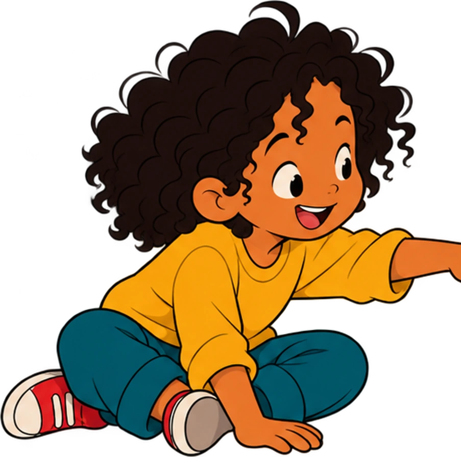 A young child points toward a book.