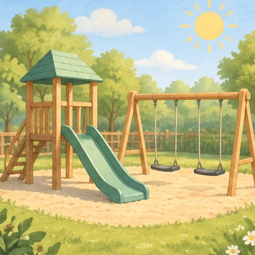 An outdoor play space with trees.