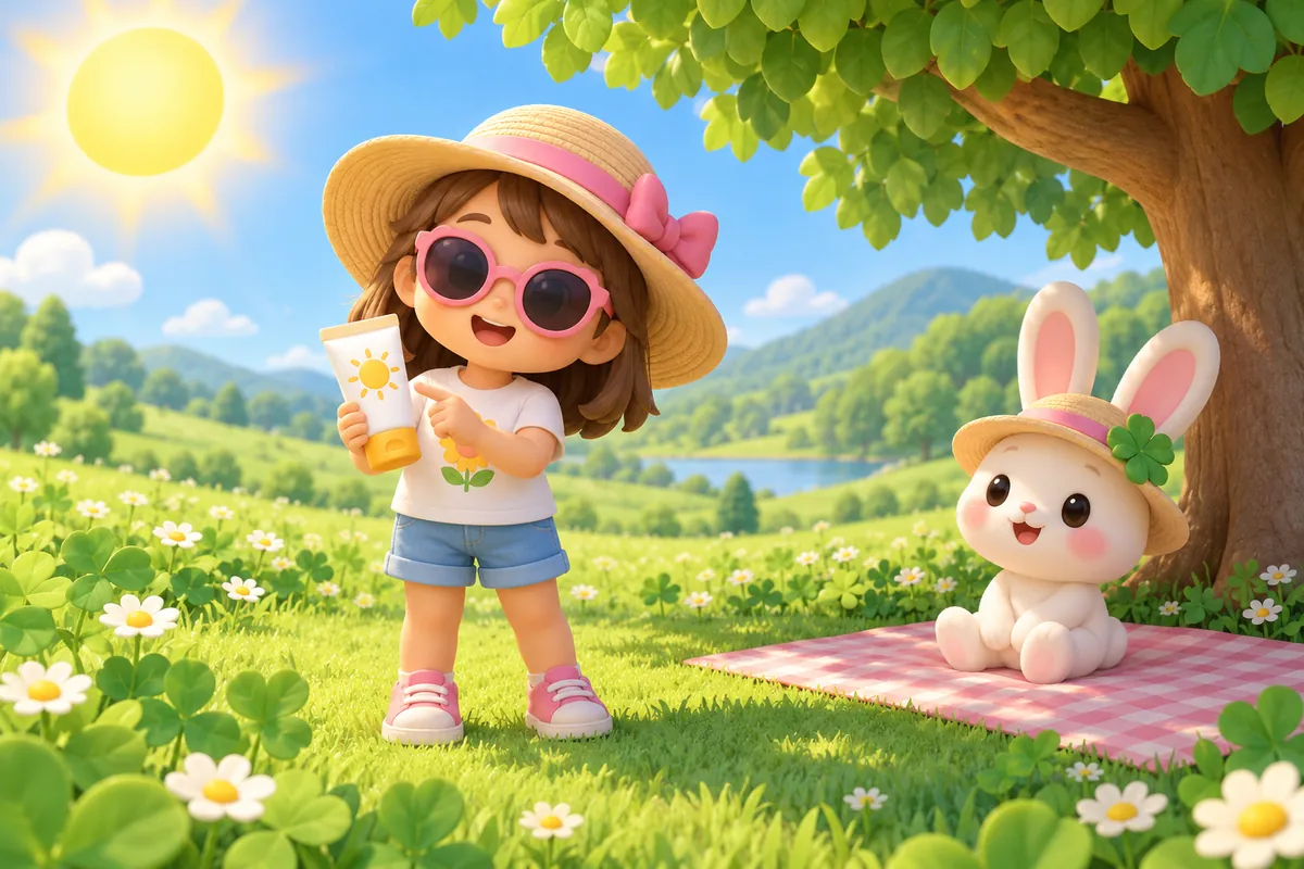 Painted picture for the question Why do we wear a hat and sunscreen?